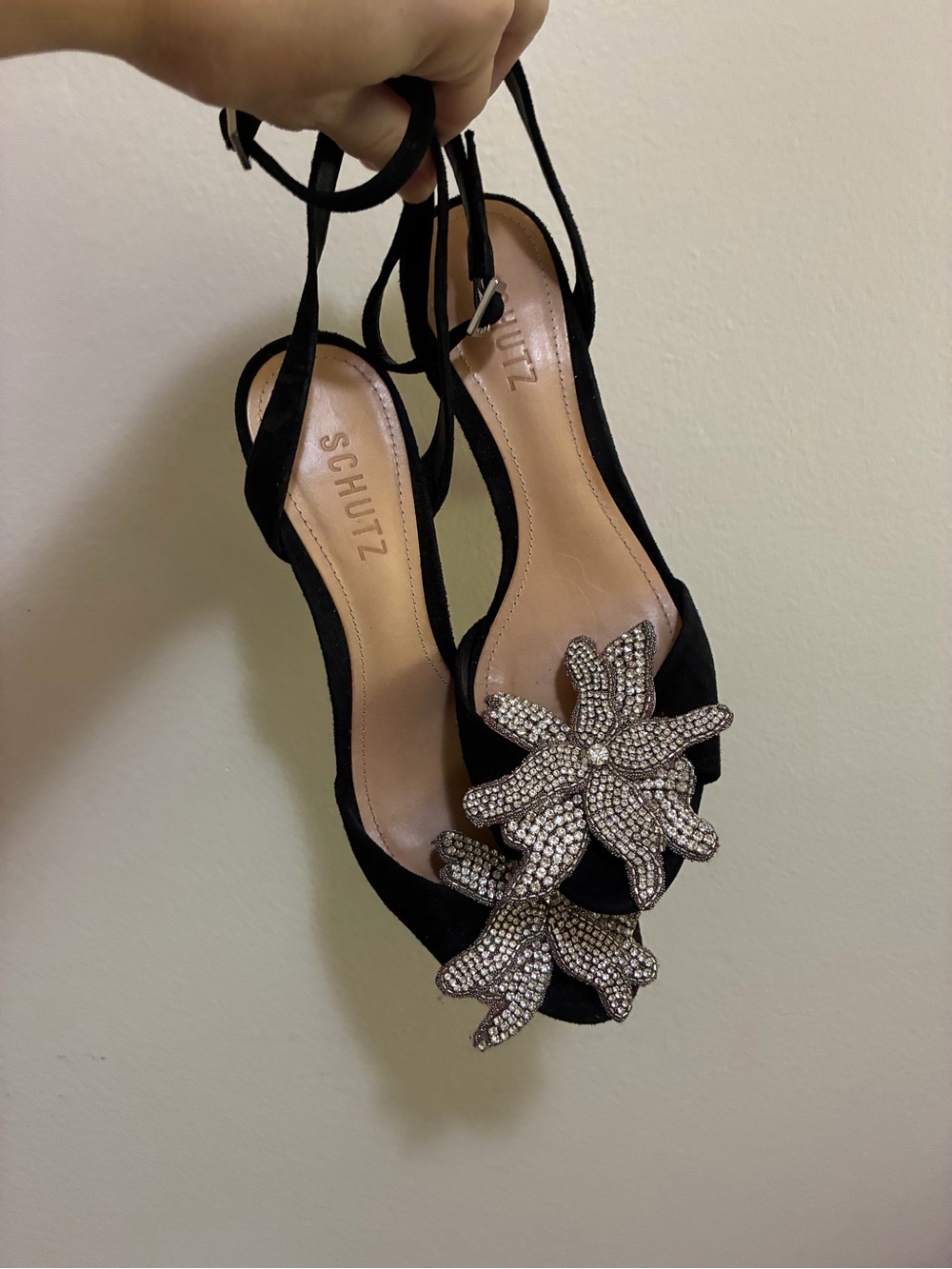 Schutz Black Suede Crystal Flower Ankle-Strap Sandals size 9 - Picture 8 of 10